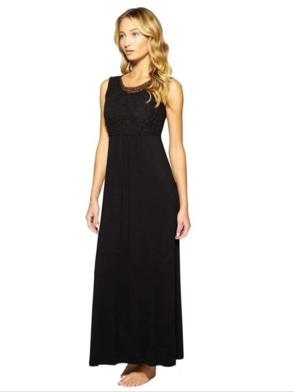 Chicos Women's Travelers Black Slinky Sleeveless Crochet Bodice Maxi Dress S